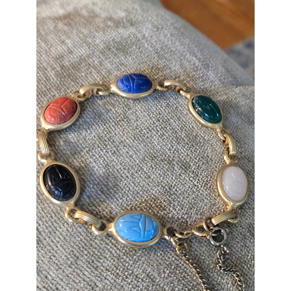 Egyptian Revival Scarab Bracelet Safety Chain Vintage